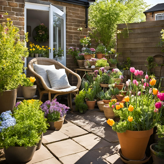 Sunny garden patio scene with chair and white cushions